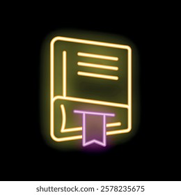 Yellow neon sign of a book with a bookmark, glowing on a black background