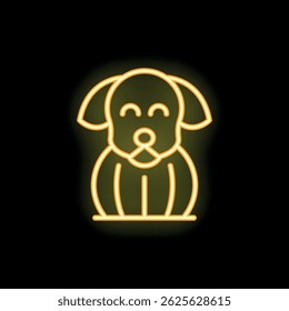 Yellow neon sign of a cute puppy sitting down, with a happy expression on its face, on a black background