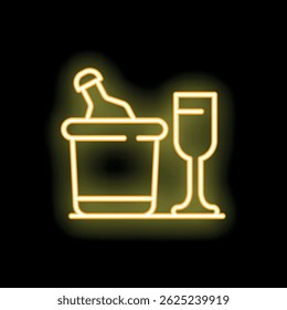 Yellow neon sign depicting a bottle in an ice bucket and a stemmed glass