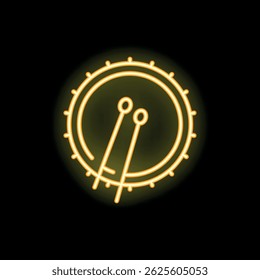 Yellow neon sign depicting a drum with drumsticks, creating a vibrant and eye catching image on a black background