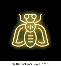 Yellow neon sign depicting a fly with spread wings, glowing brightly against a black backdrop