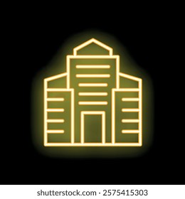 Yellow neon sign depicting a generic office building with a black background