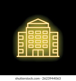 Yellow neon sign depicting a generic multistory building with glowing windows on a black background