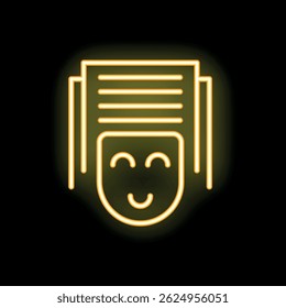 Yellow neon sign depicting a happy face focused on reading documents, conveying a sense of satisfaction and concentration