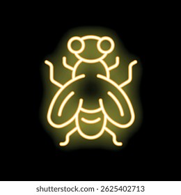 Yellow neon sign depicting a housefly with large wings and compound eyes, set against a black background