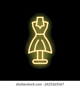 Sinal de néon amarelo representando um manequim usando um vestido em um fundo preto
