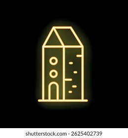 Yellow neon sign depicting a multi storey building glowing on a black background