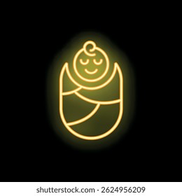 Yellow neon sign depicting a newborn baby sleeping peacefully, swaddled in a blanket, evoking feelings of warmth and tranquility