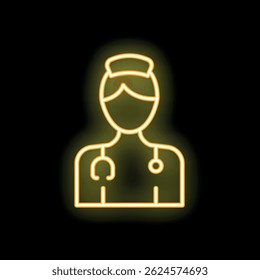 Yellow neon sign depicting a nurse wearing a stethoscope on a black background