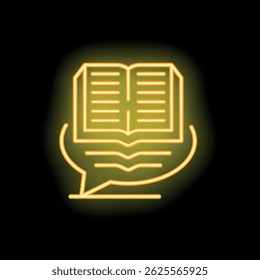 Sinal de néon amarelo representando um livro aberto sobre uma bolha de fala, sugerindo uma conversa sobre literatura