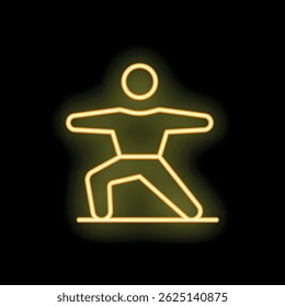 Yellow neon sign depicting a person performing a yoga warrior pose on a black background