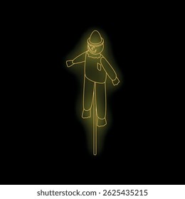 Yellow neon sign depicting a scarecrow standing with open arms