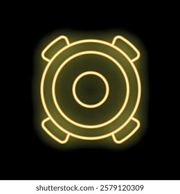 Yellow neon sign depicting a speaker, glowing brightly against a dark background, representing music, sound, and audio technology