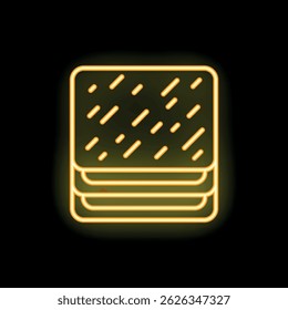 Yellow neon sign depicting a stack of mattresses, ideal for sleep, comfort, and relaxation themes