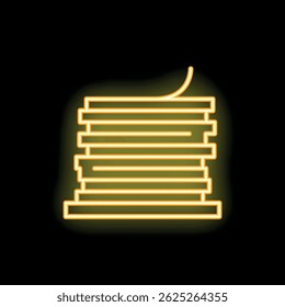 Yellow neon sign depicting stacked wood planks is glowing on a black background