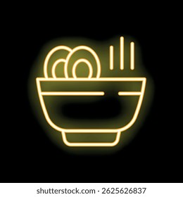 Yellow neon sign depicting a steaming hot bowl of ramen noodles, perfect for restaurants and food businesses
