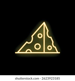 Letrero de neón amarillo que representa una rebanada triangular de queso suizo sobre un fondo negro
