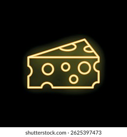 Sinal de néon amarelo representando uma fatia triangular de queijo suíço, emitindo um brilho quente e convidativo contra um fundo escuro