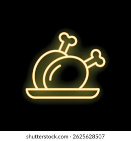 Yellow neon sign depicting two chicken legs on a plate, glowing against a black background
