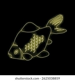 Sinal de néon amarelo de um peixe nadando direito com suas nadadeiras espalhadas em um fundo preto