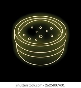Yellow neon sign illustrating bowl full of hot steaming soup on black background