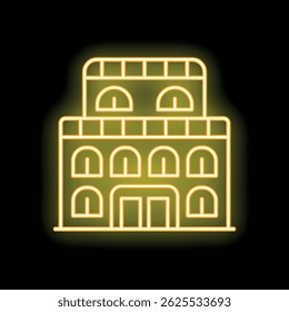 Sinal de néon amarelo ilustrando um edifício com janelas arqueadas brilhando sobre um fundo preto
