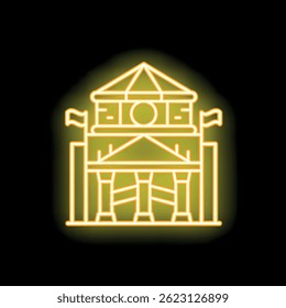 Yellow neon sign illustrating the colosseum in rome, italy, over a dark background