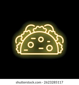 Yellow neon sign illustrating a delicious taco with salad on black background