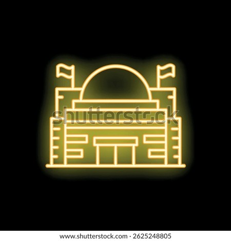 Yellow neon sign illustrating a government building with flags on black background