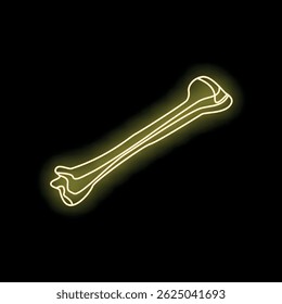 Yellow neon sign illustrating a human bone glowing on black background