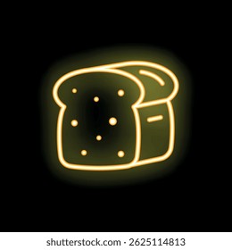 Yellow neon sign illustrating sliced bread loaf glowing on black background