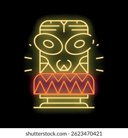 Yellow neon sign illustrating a tiki mask with a red and orange headband on a black background
