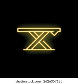 Yellow neon sign of an ironing board glowing on a black background