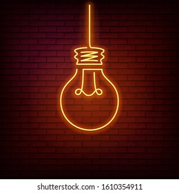 Yellow neon sign with a light bulb on a red brick wall background.