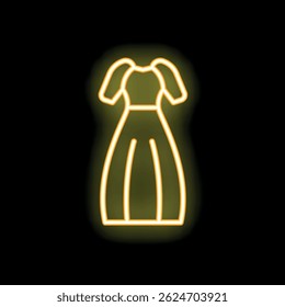 Yellow neon sign of a long and elegant dress glowing on a black background