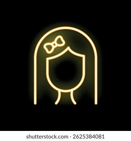 Yellow neon sign of a long haired woman with a bow in her hair glowing against a dark background