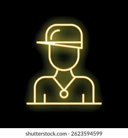 Yellow neon sign of a male character wearing a cap and a necklace on a black background