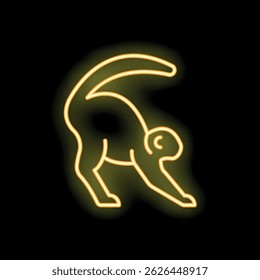 Yellow neon sign of a monkey stretching its body on a black background