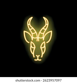 Yellow neon sign on a black background representing the head of a gazelle, a concept image with space for text