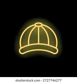 Letrero de neón amarillo que representa una gorra de béisbol, que brilla sobre un fondo negro