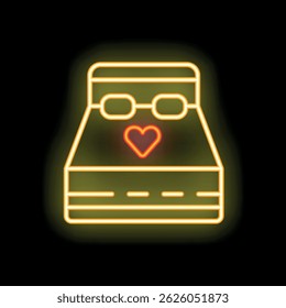 Yellow neon sign representing a bed for honeymoon with a heart shape and two glasses on a black background