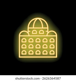 Yellow neon sign representing a building with arches and domes, evoking a mosque or an oriental palace, isolated on a black background