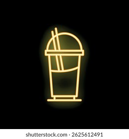 Yellow neon sign representing a disposable cup with two straws on a black background
