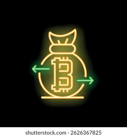 Yellow neon sign representing the exchange of bitcoin cryptocurrency with two green arrows around a money bag
