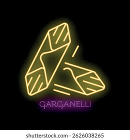 Yellow neon sign representing garganelli, a type of italian pasta, ideal for restaurant decoration or food related designs