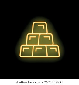 Yellow neon sign representing gold bars forming a pyramid, on a black background, ideal for wealth or investment concepts