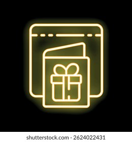 Yellow neon sign representing a greeting card with a ribbon and bow on a dark background