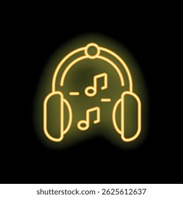 Yellow neon sign representing headphones playing music, on black background