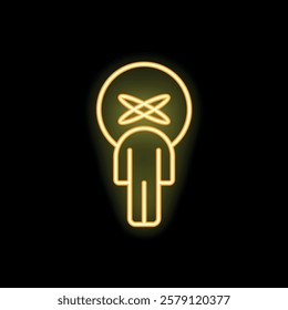 Yellow neon sign representing a human figure with a shining atom symbol instead of its head, on a black background