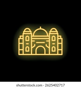 Yellow neon sign representing an indian palace, with a large central dome and two smaller domes on the sides, on a black background